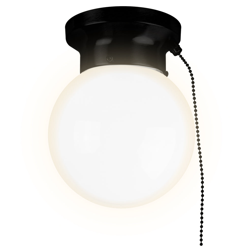 led glass flush mount light with pull chain on white background